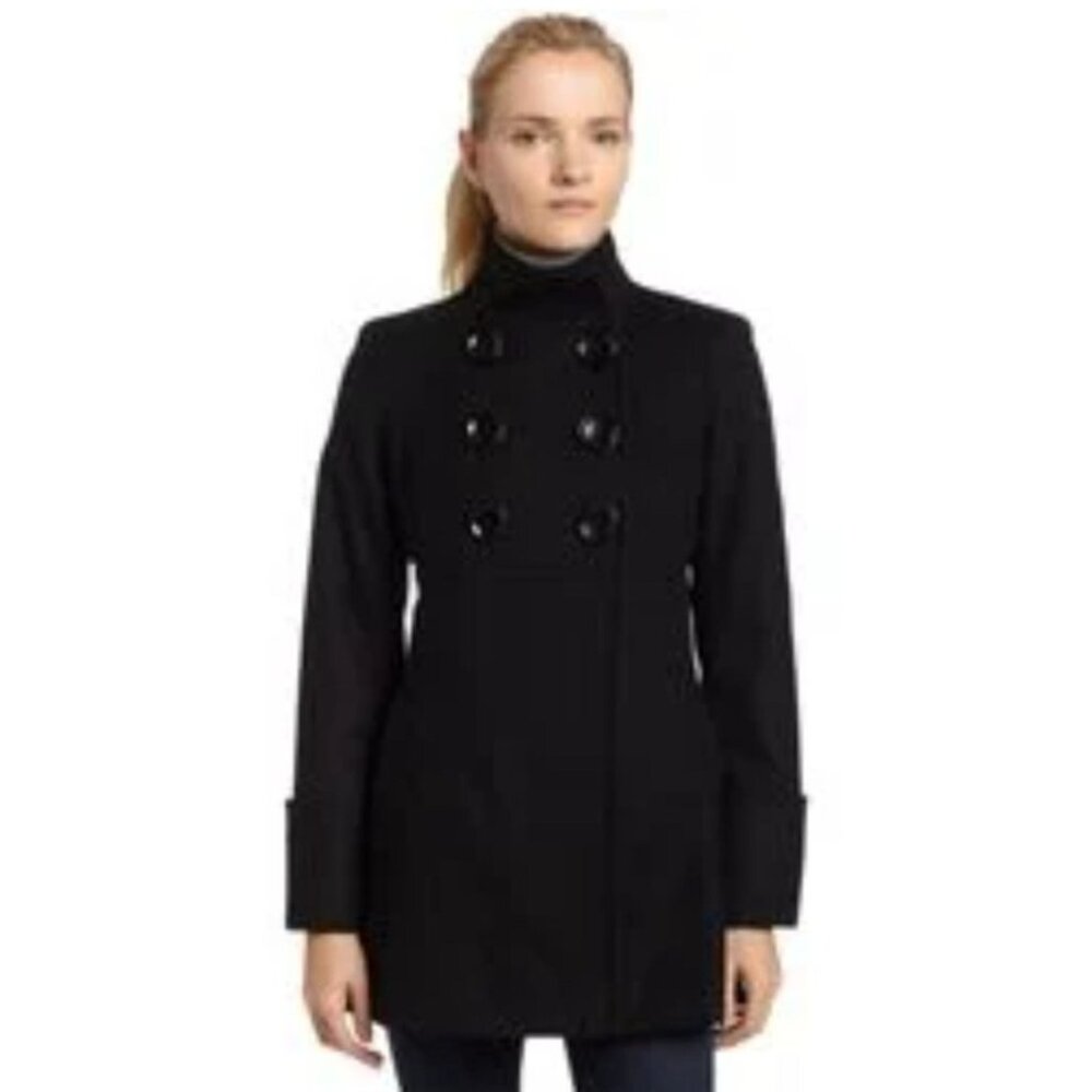 Michael Kors Womens Black Double-Breasted Trench Coat Size 12 Wool Blend